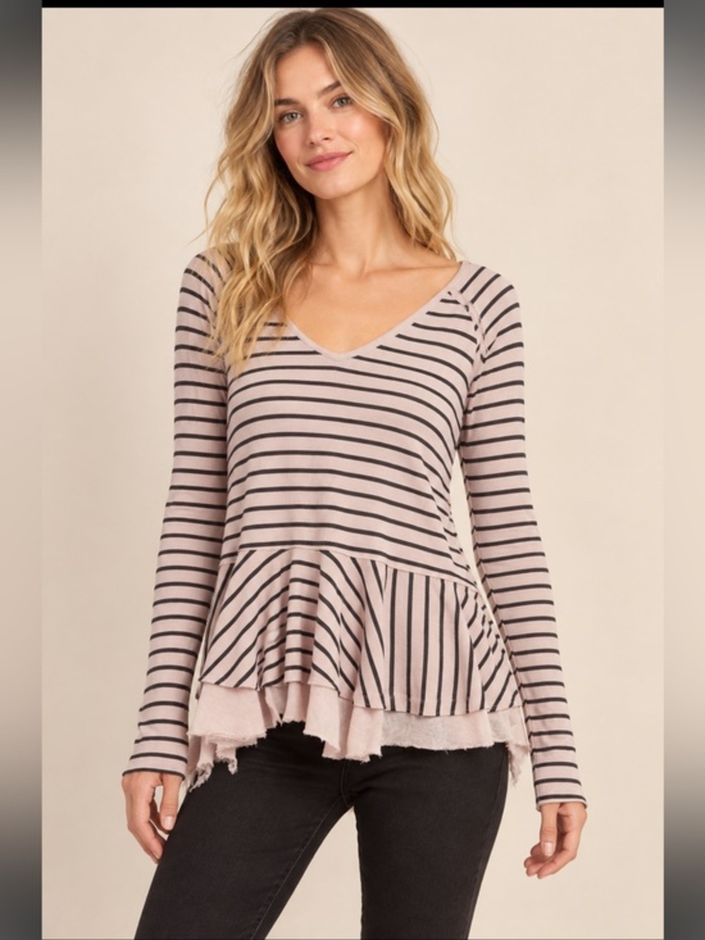 We The Free Striped Ruffle Peplum Top Long Sleeve Women’s Medium